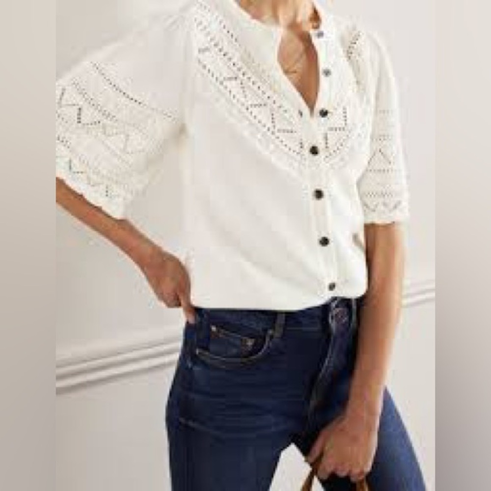 Boden White Eyelet Knit Button-Front Cardigan